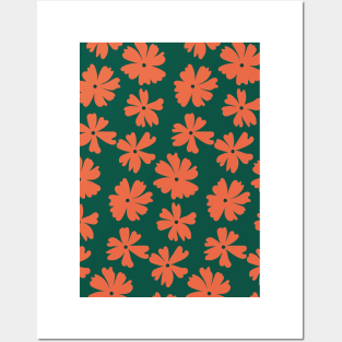 Retro Flowers Pattern, Green Pink Posters and Art